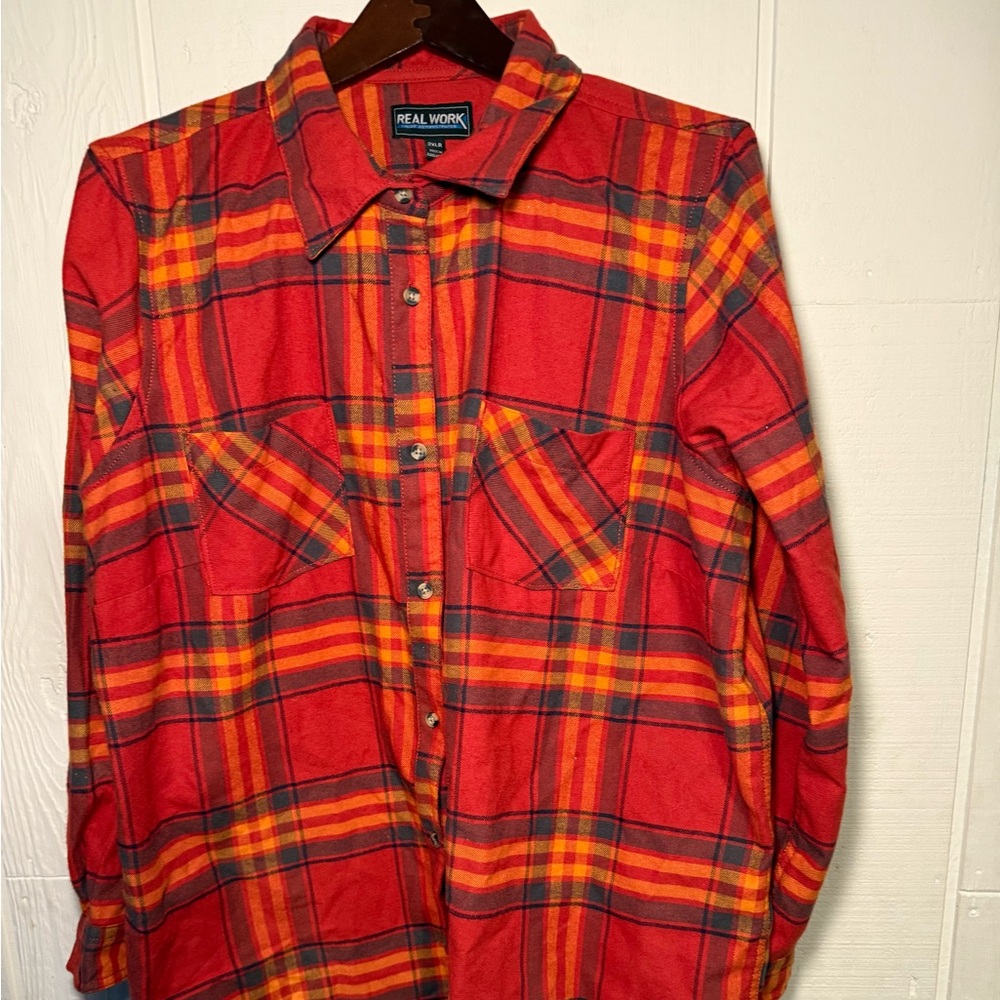 Real Work Men's 2XLR Multicolor Plaid Shirt Button Down Fall Colors